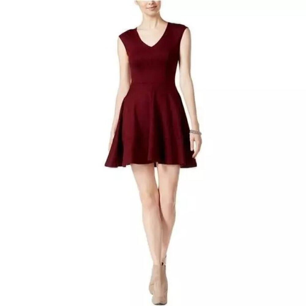 Bar III Burgundy Fit Flare Dress XXS Skater V Neck Gold Zipper NWT